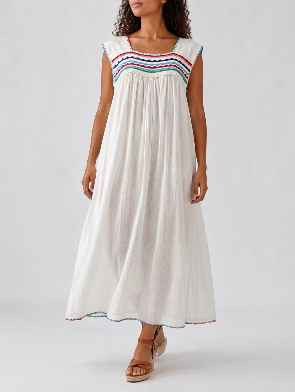 Carolina K Mexico Hand Embroidered Cotton Maxi Dress Artisan Boho Resort Size S